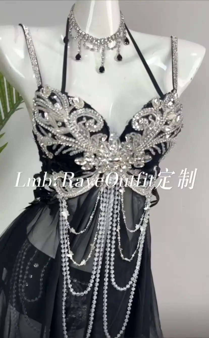 Bar Nightclub Sexy Female Shiny Diamond Tassel Bikini Dress Outfits Festival Party Rave Singer Dance Stage Performane Clothing