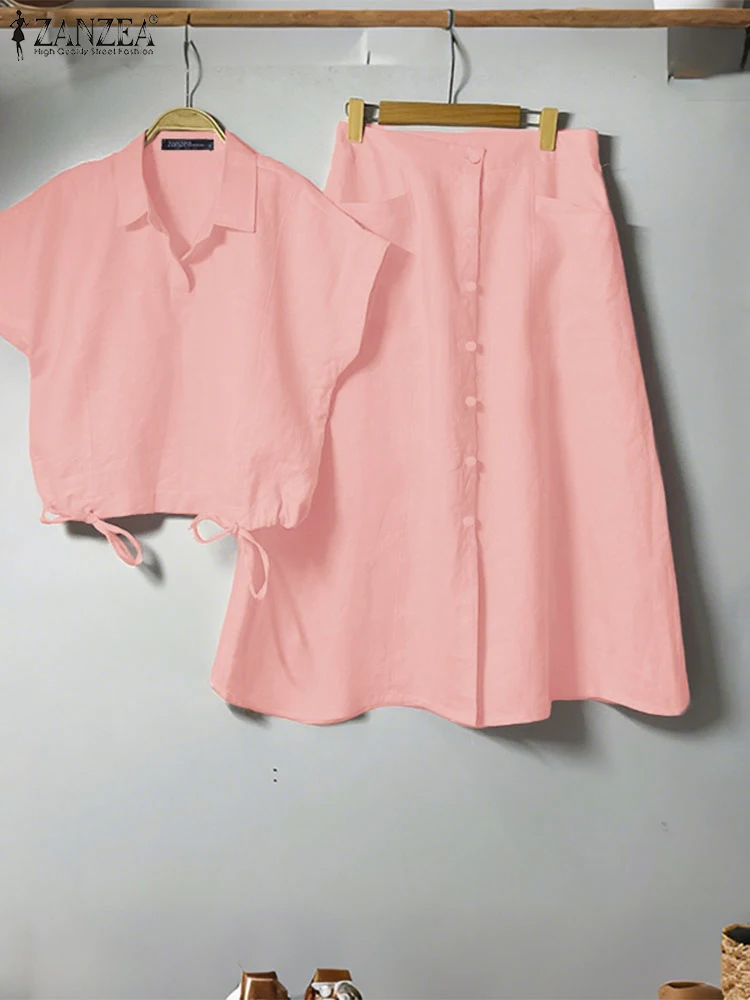 

Solid Casual Dress Sets Short Sleeve Lapel Neck Blouse Long Skirts Women Vintage 2pcs Matching Sets OL Outfits ZANZEA 2025 New