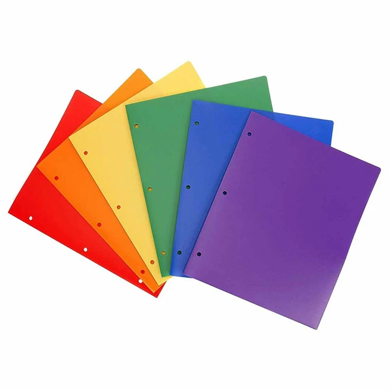 

6 Pack Pocket Folders Binder Folders Sturdy Plastic Portfolio,3 Hole Punch,Plastic Folders Multicolor Business Card Slot