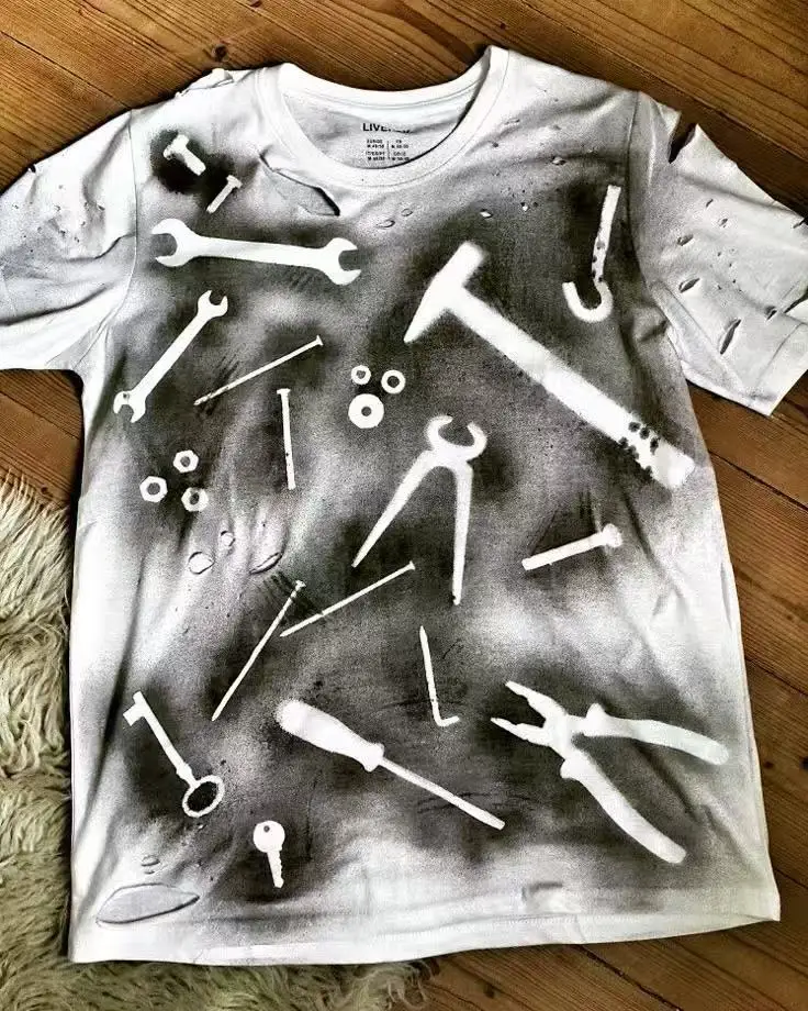 

Y2K Harajuku Street Retro Tool Printed Pattern T-shirt White Large Casual Loose Clothing Round Neck Pure Cotton Top