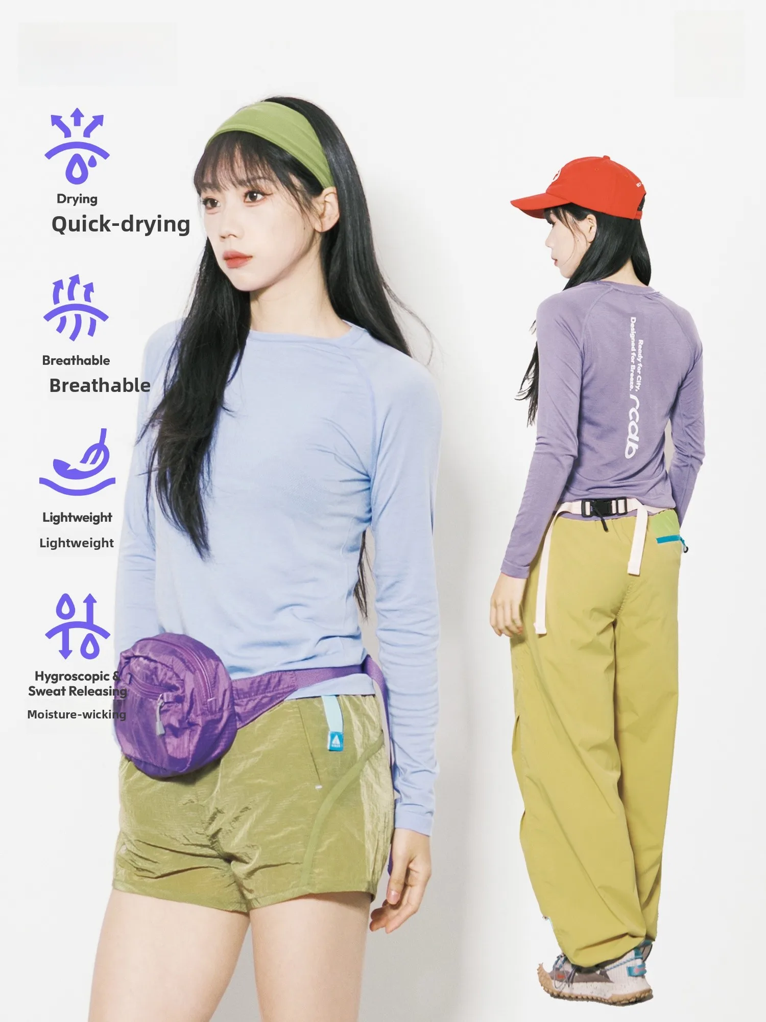 RCDB Sport Style Long Sleeve T-Shirt Women's Slim Fit Quick Dry Merino Wool Outdoor Top Breathable Lightweight Tee