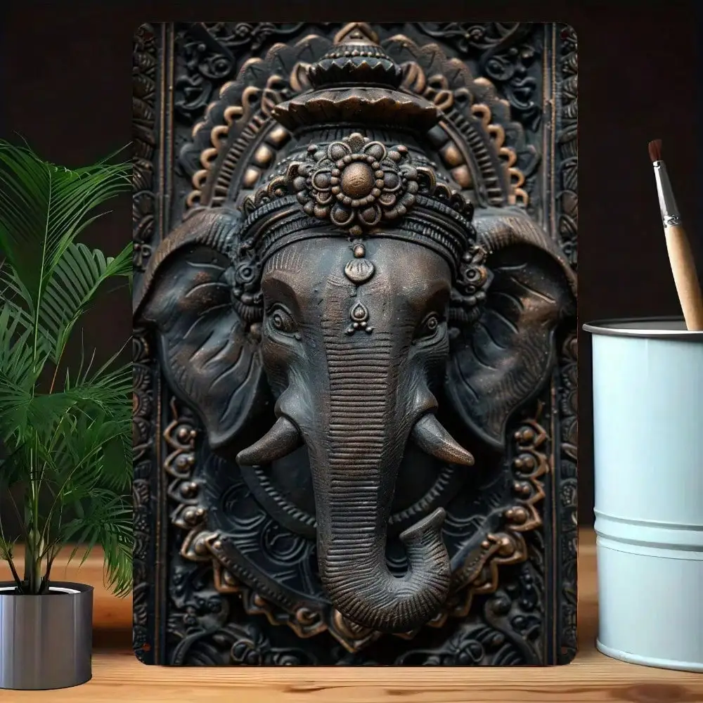 ガネーシャ ウォールアート メタルデコレーション ヒンドゥー教像 大型 ホームテンプルデコレーション 蓮の冠付き アンティークブロンズ仕上げ スピリチュアルギフト
