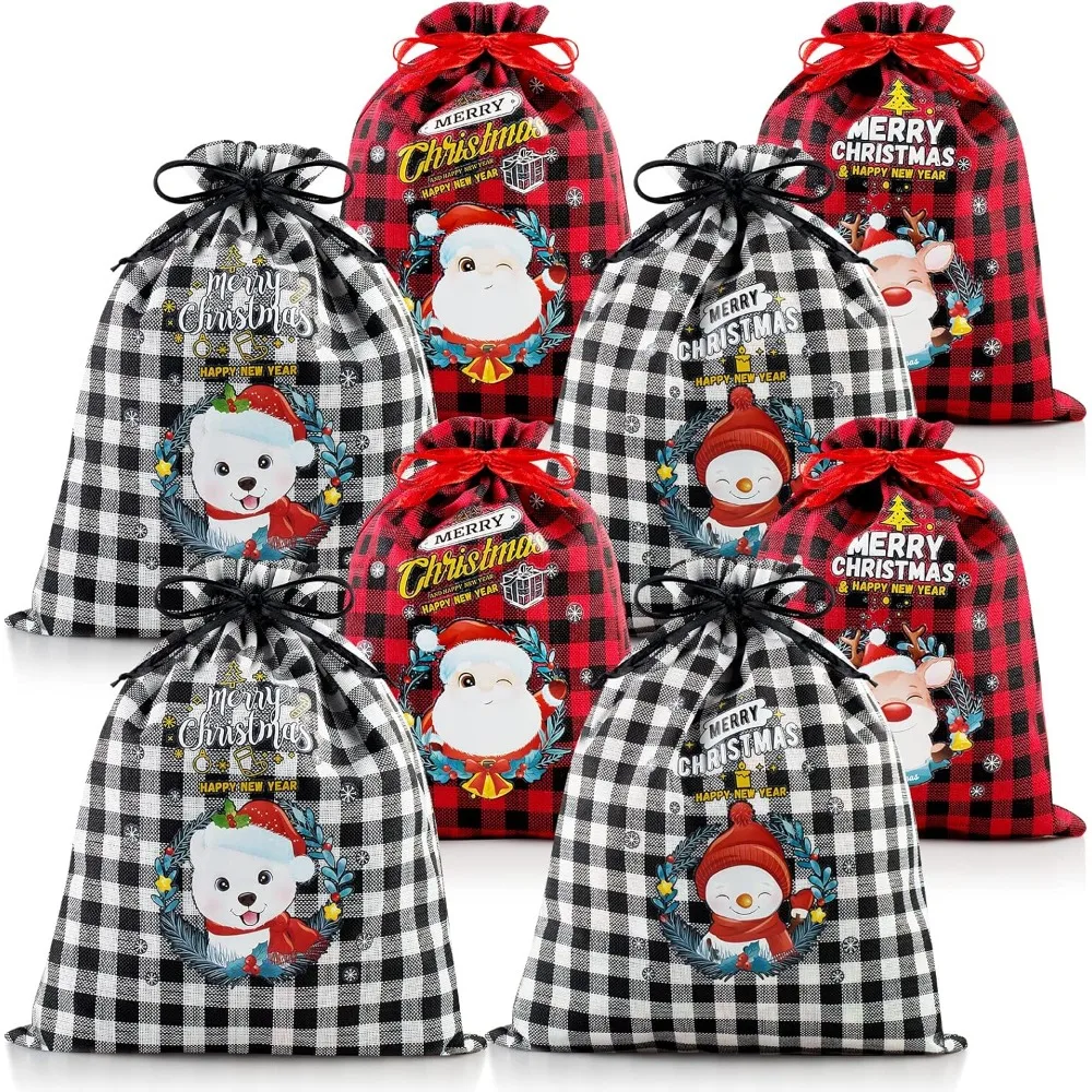 

8 Pack Assorted Sizes Gift Bags With Drawstring - Buffalo Plaid and Christmas Patterns - Xmas Plaid Burlap Wrapping and Storage