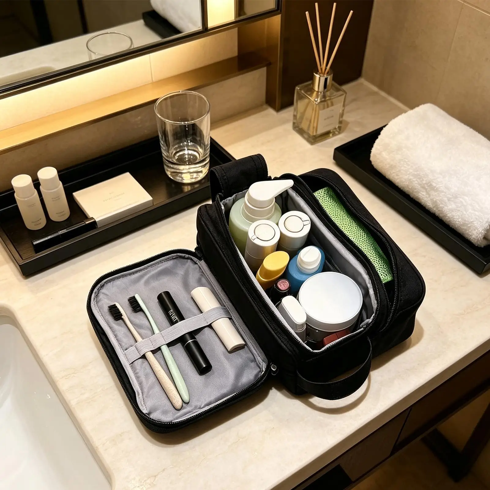 Mens Toiletry Travel Bag With Handle Multi-Compartment Makeup Organizer Shaving Bag Cosmetic Pouch For Shaver Cream Lotion Home