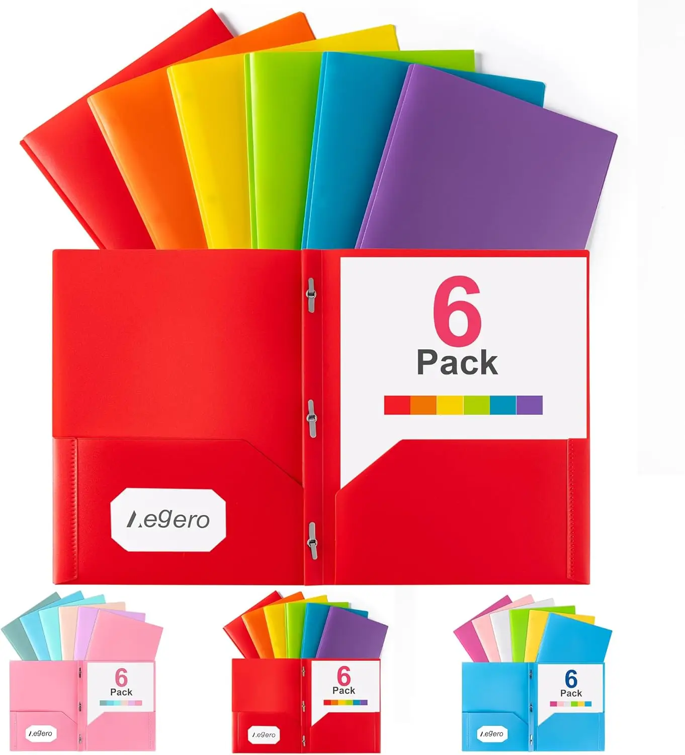 

Durable Plastic Pocket Folders with Prongs, 6 Pack Assorted Colors, Tear Resistant for School and Office Use