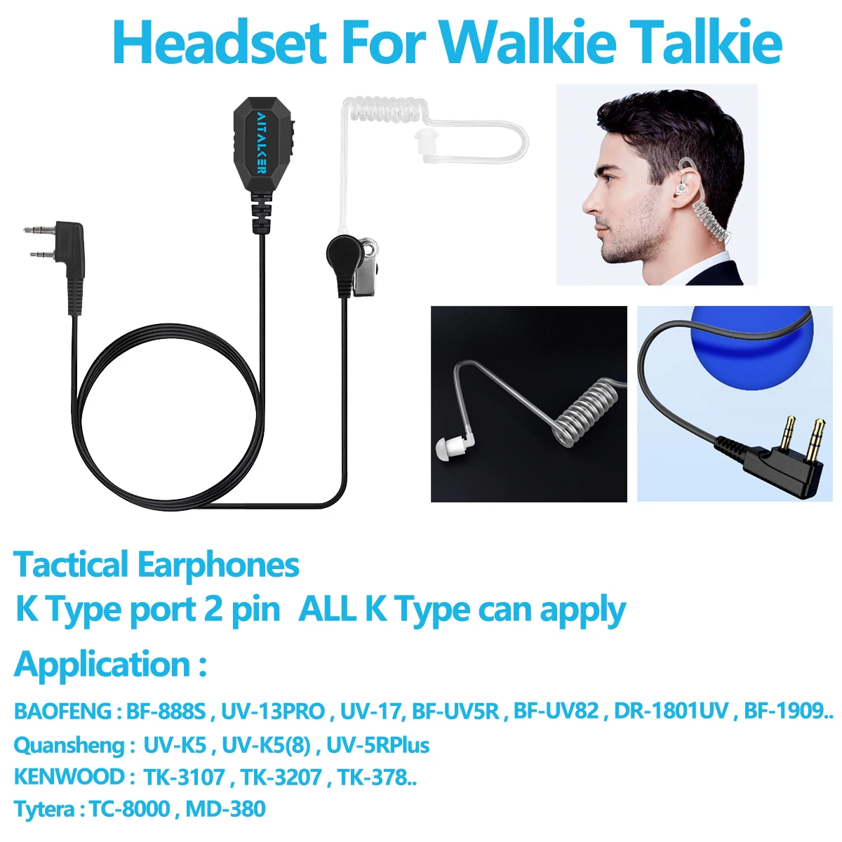 K Type Headset Headphone Earphone For Quansheng UV-K5 Walkie Talkie  For Kenwood Baofeng UV-5R UV82 UV-17 Tytera TC-UV8000