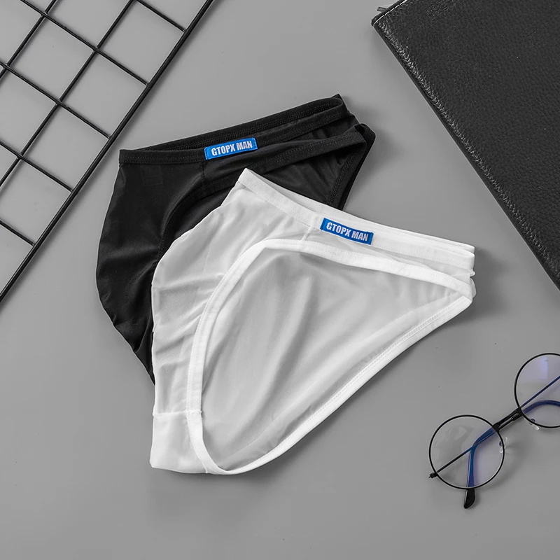 GTOPXMAN Men's Sexy Underwear Thin Ice Silk Translucent Briefs U Pouch Ropa Interior Hombre Male Panties