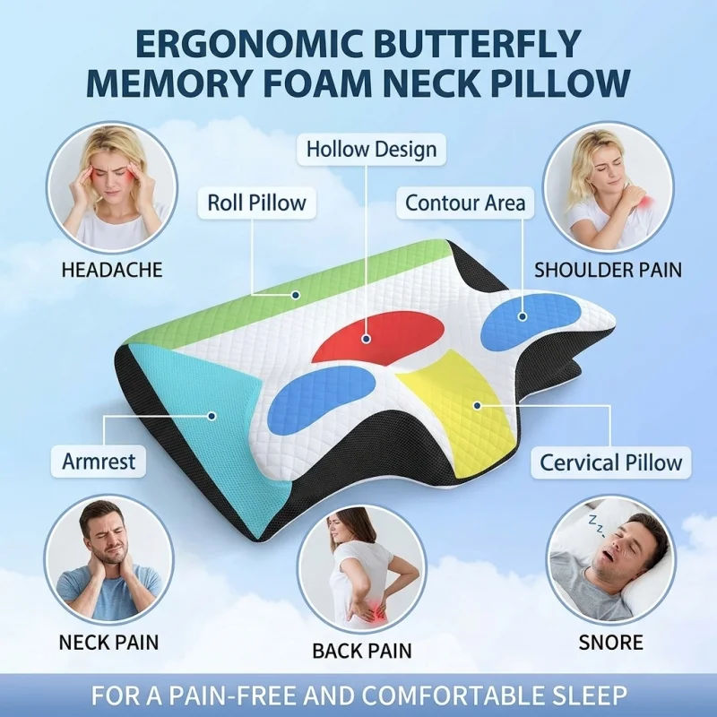 Almohada Cervical de Espuma Viscoelástica Cómoda con Diseño de Mariposa, Soporte Contorneado Completo para Alivio del Dolor Cervical y Soporte Abdominal Profundo