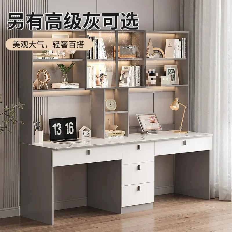 Solid wood double table, bookshelf integrated table, computer bedroom, family and student writing desk