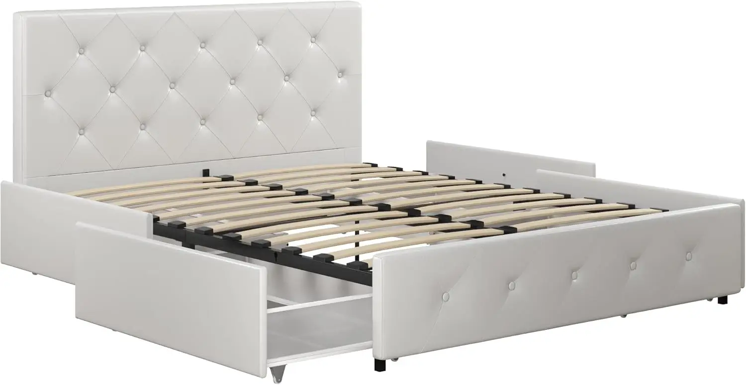 

Upholstered Platform Bed with Underbed Storage Drawers and Diamond Button Tufted Headboard and Footboard No Box Spring Needed