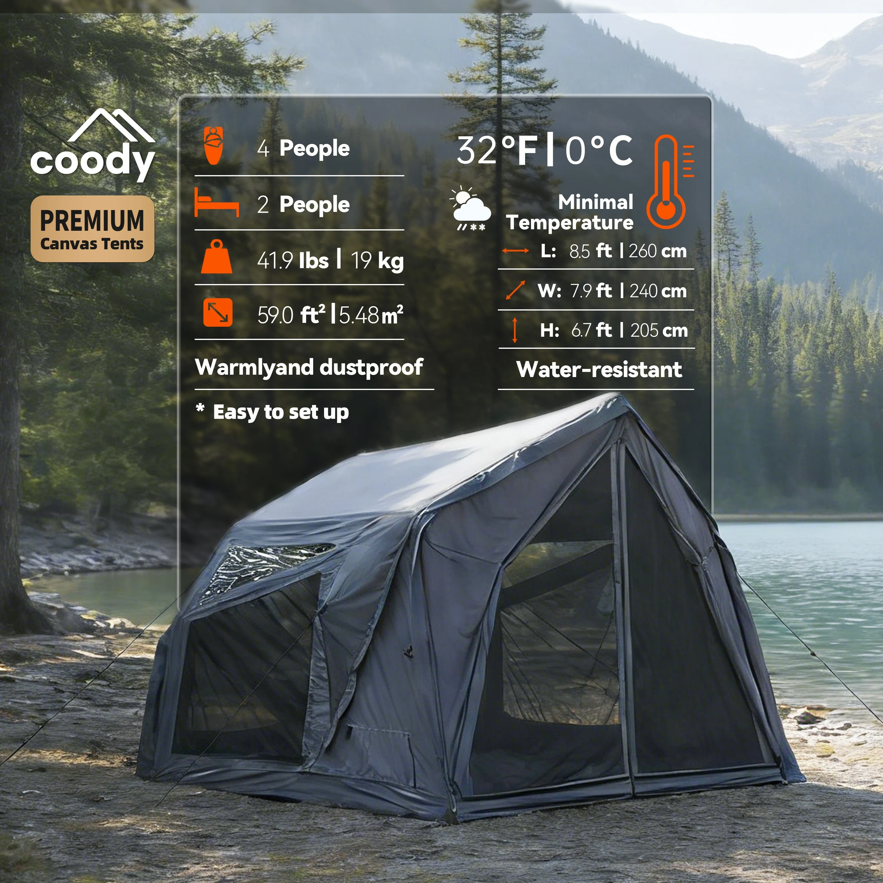 Coody Yustona Gray Inflatable Air Tent, High Quality Cotton 4-Season Tent for 2-4 People Outdoor Camping