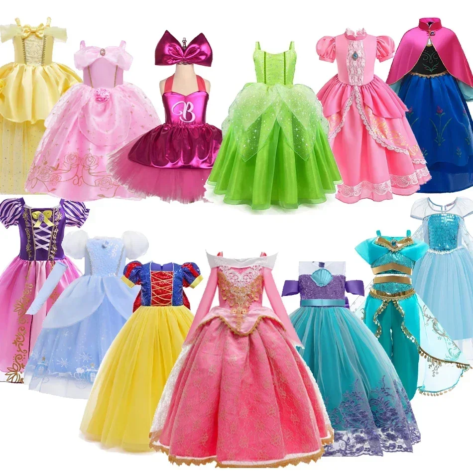 Kids Belle Aurora Costume Girl Halloween Princess Cosplay Party Dress Peach Ariel Rapunzel Cinderella Anna Elsa  Birthday Cloth