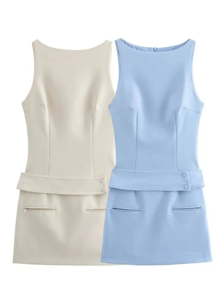 Dames zomer effen kleur mouwloos ronde hals mini-jurk elegante riem decoratie rits casual dames korte jurken 52Z0