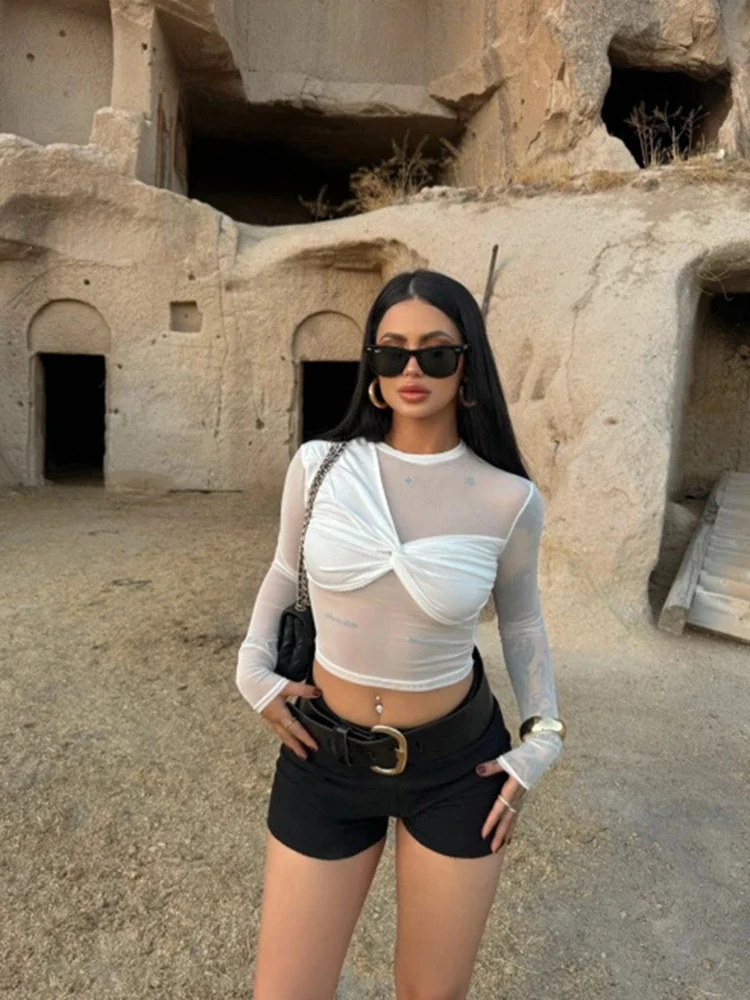 تي شيرت نسائي قصير شبكي موضة 2026 مثير شفاف بياقة دائرية وأكمام طويلة ملابس خروج نسائية Y2K #3