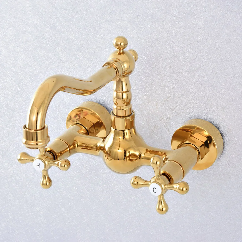 Luxury Gold Color Brass Double Cross Handle Wall Mounted Bathroom Kitchen Sink Faucet Swivel Spout Mixer Tap tsf621