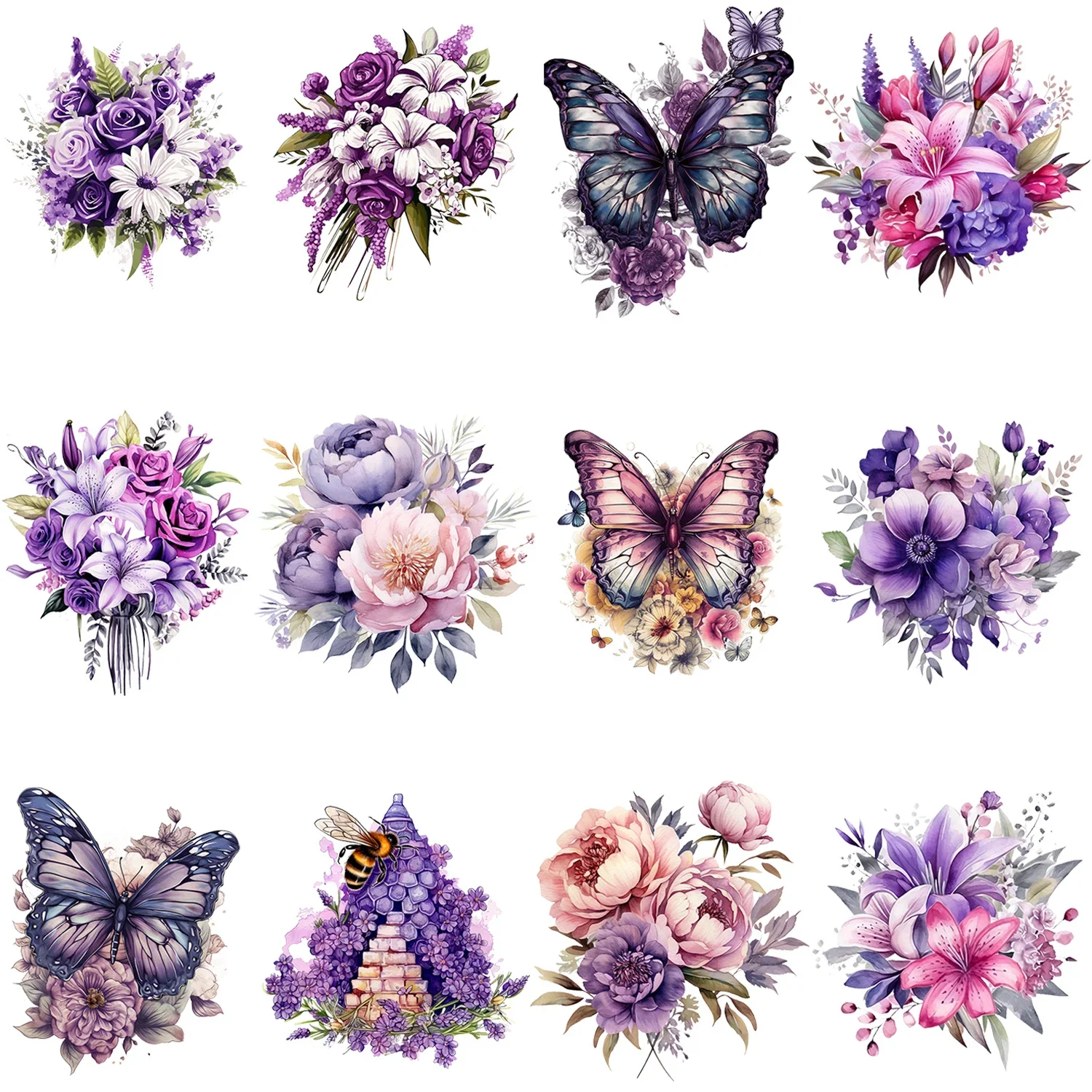 12-Pack Purple Flower Theme Iron-on Transfer Stickers, Design Decals Heat Pressed Decals, Vinyl Heat Transfer Patches for