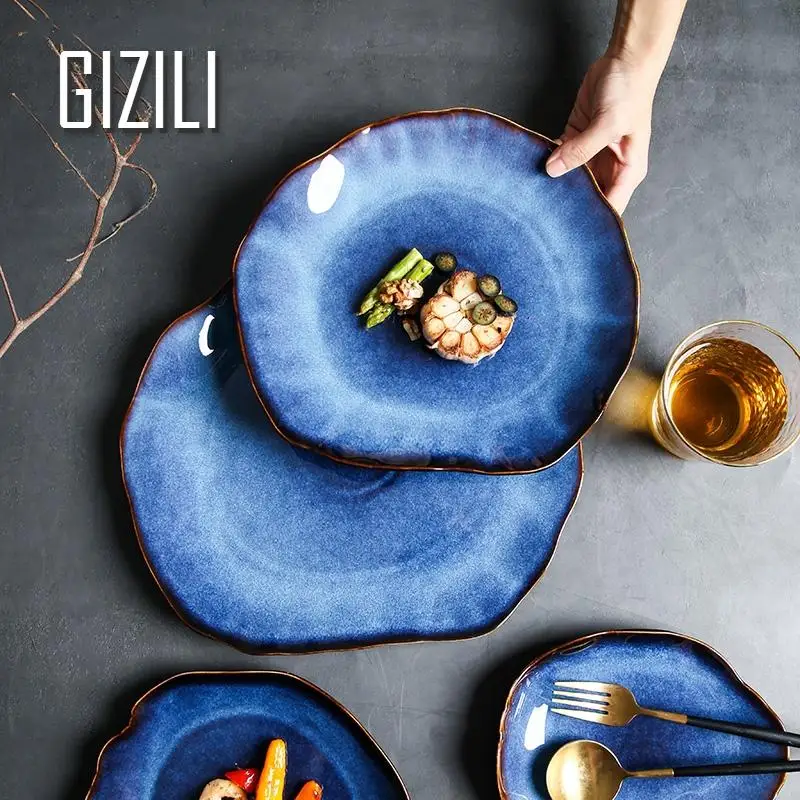 Ceramic Food Plates Sets Blue Irregular Fruit Salad Flat Dishes Household Tableware Decoration Dinnerware Trays Kitchen Supplies