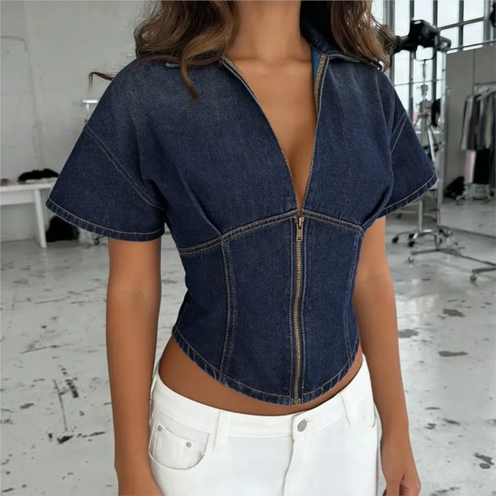 

2026 Casual Blusas Short Sleeve Top T Shirt Tees Simple Style Retro V-link Zipper Tighten The Waist Fashionable Solid Color Chic