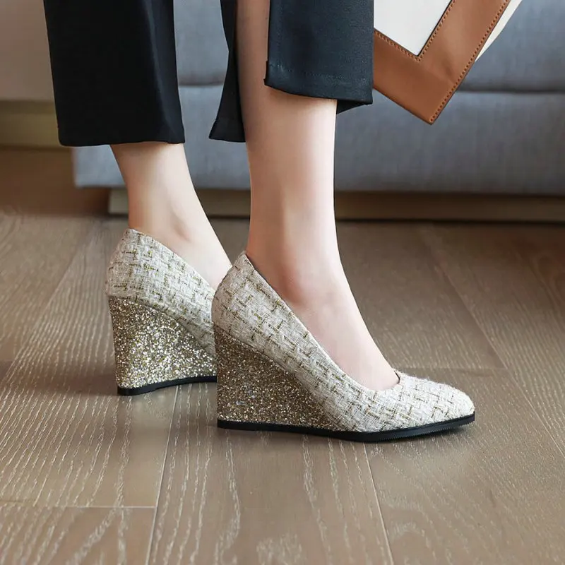 QPLYXCO 2020 New Spring Autumn Plaid Checked Tweed Woman Glitter Bling Wedges High Heels Ladies Elegant Pumps Big Size 44