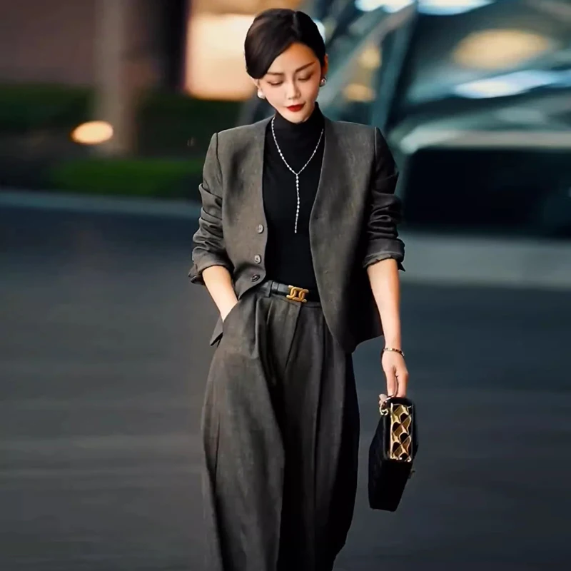 

Весна 2023 г., новый корейский ветровой костюм с небольшими эффектами Fraance, джемперы, широкие брюки, комплект с длинными брюками, комплект из двух предметов, моющийся...