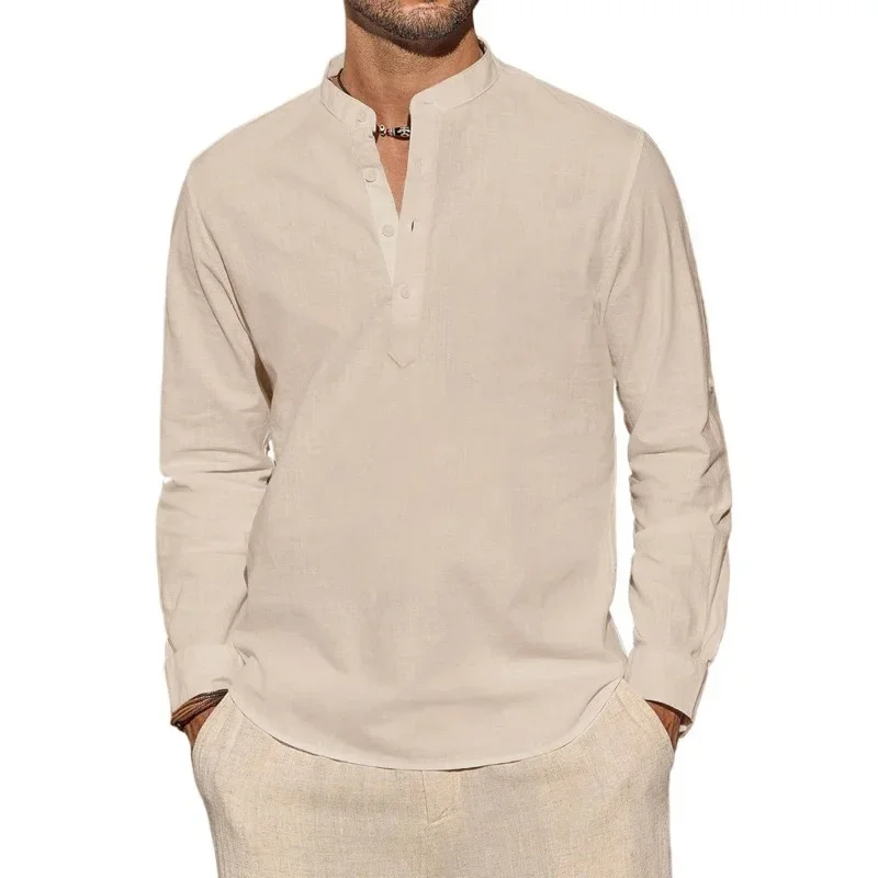 

Мужские футболки с длинным рукавом, повседневные легкие дышащие однотонные топы с вырезом на пуговицах в гавайском стиле для отдыха, пляжного стиля, поло на пуговицах