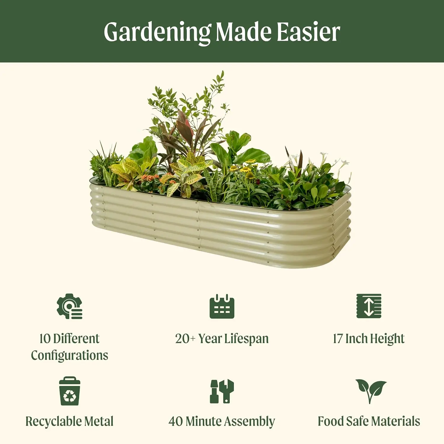 10-in-1 Pearl White Modular Galvanized Metal Raised Garden Bed Kit 17 Inch Height Large Ground Plant Containers for Vegetables Flowers Aromatic Herbs Backyard Patio Outdoor Planting Decor
