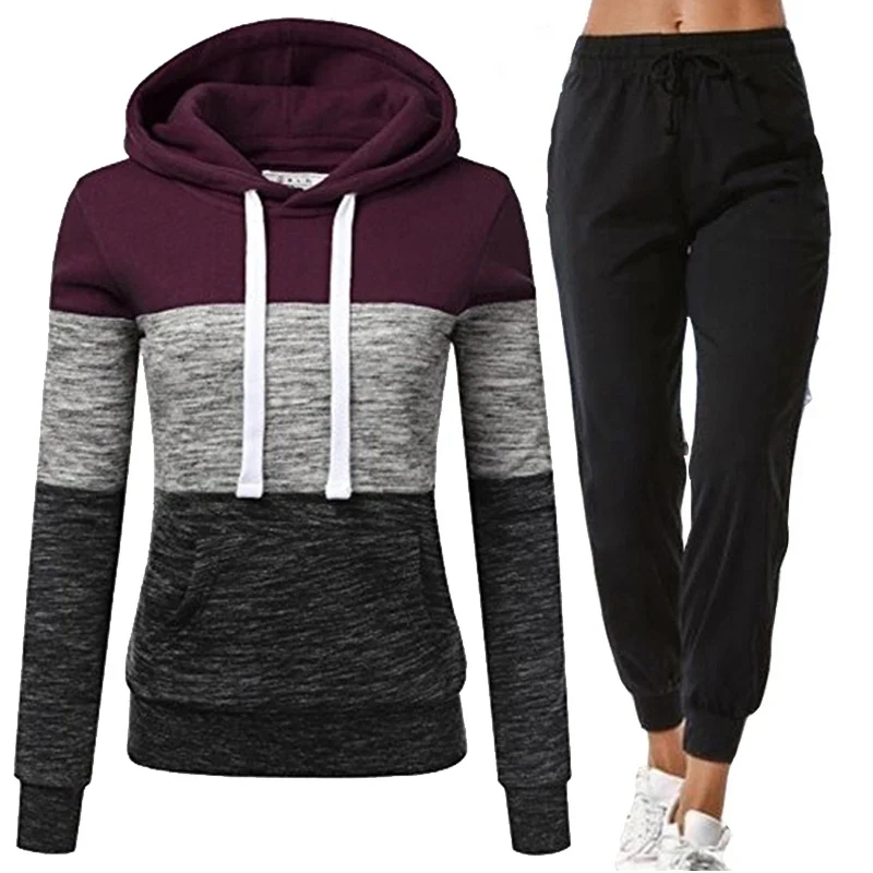 

Women Tracksuit Patchwork Hoodies+Sweatpants 2 Piece Set Autumn Winter Fleece Fashion Cusual Streetwear Female Pullover Suit