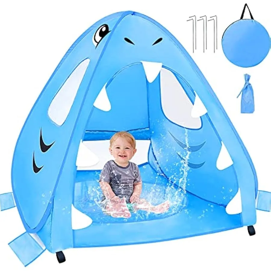 [ Extra High ] Shark Baby Beach Tent with Pool Pop Up Baby Pool Tent UPF 50+ UV Protection 4 Sand Pockets 3 Mesh Windows Waterp