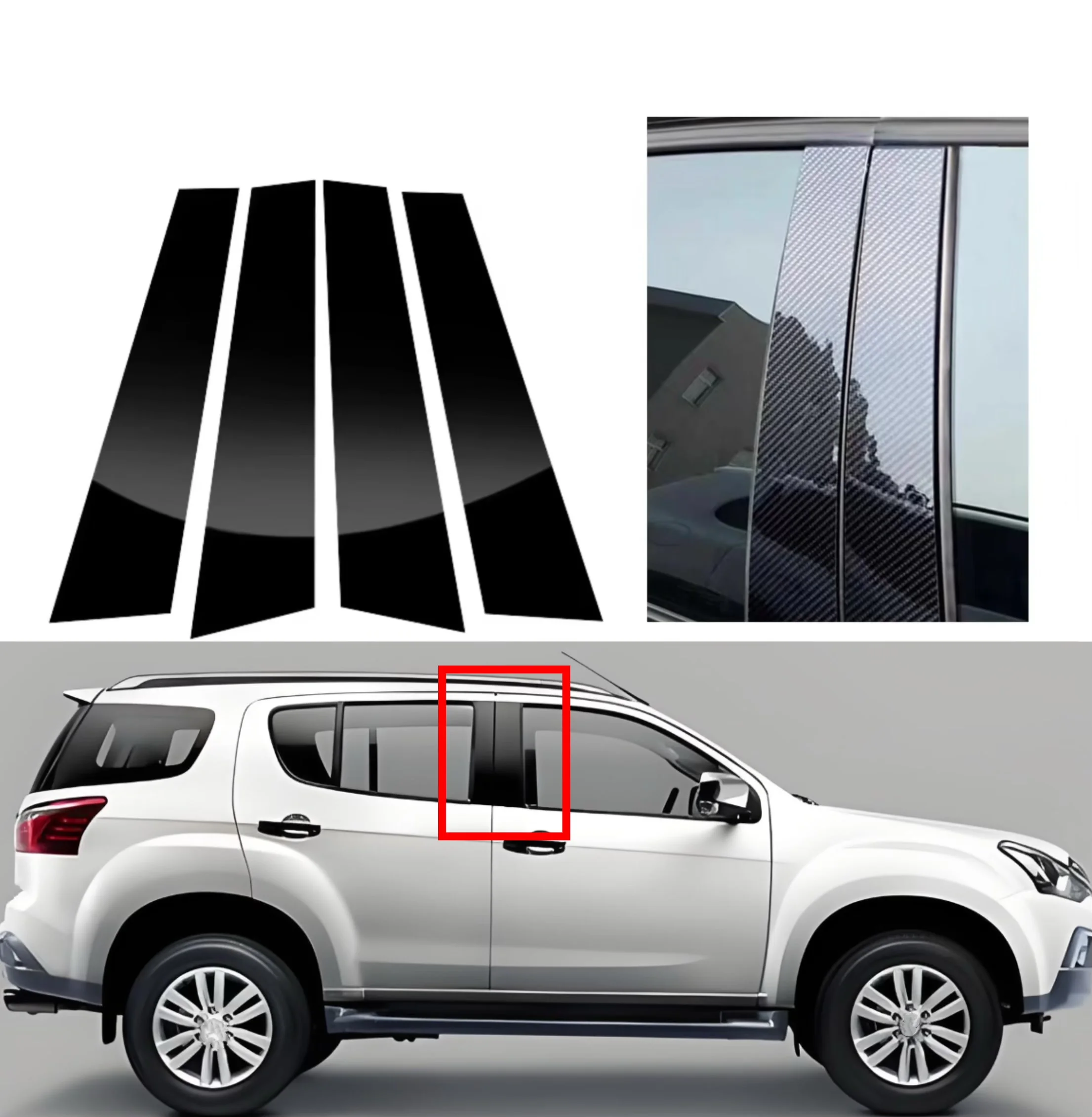 

4PCS Glossy Black Silver Carbon Pillar Post Fit For ISUZU MU-X 2012 2013 2014 2015-2022 Door Window Column BC Trim Sticker Cover