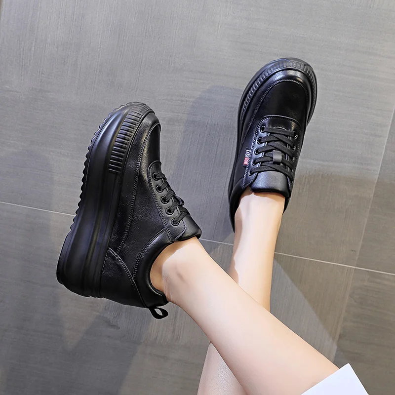 Women Genuine Leather Casual Black Shoes Platform Wedge Female Women 8CM High 2023 Fashion Sneakers Chunky Spring Autumn Shoes