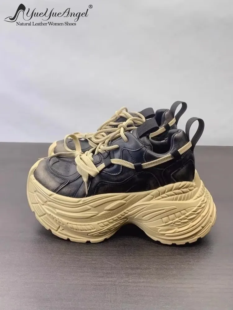 

Women Thick Platform Shoes Lace Up Round Toe Spring Autumn Height Increasing Pumps Genuine Leather Harajuku Casual Shoes Female