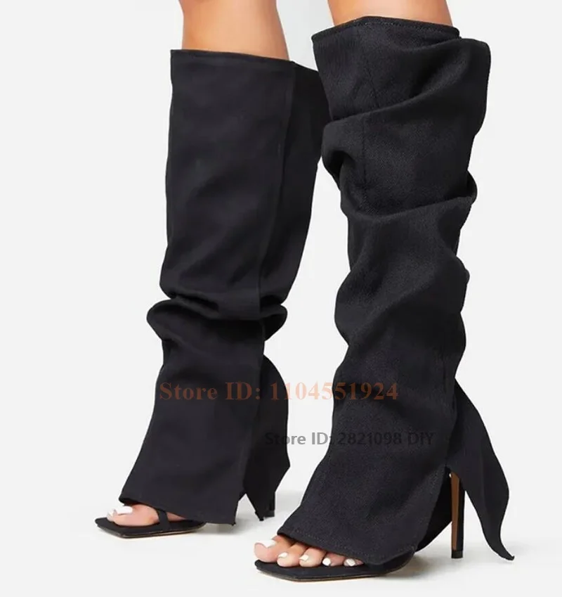 Preto denim dobrado cinta bota de salto fino clássico dedo do pé quadrado salto stiletto joelho sandália alta botas verão sapatos de dedo do pé aberto