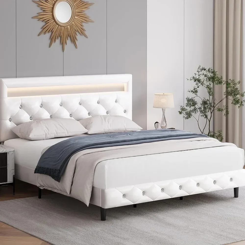 Full Size Platform Bed with LED Lights, Adjustable Tufted Headboard, Wood Slats - White