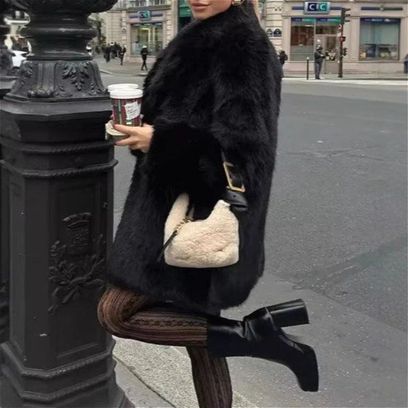 Faux Fur Women Mid Length Coats Jackets Turn Down Collar Coat Thick Warm Y2k Streetwear Jacket Elegant Solid 2026 Autumn Winter