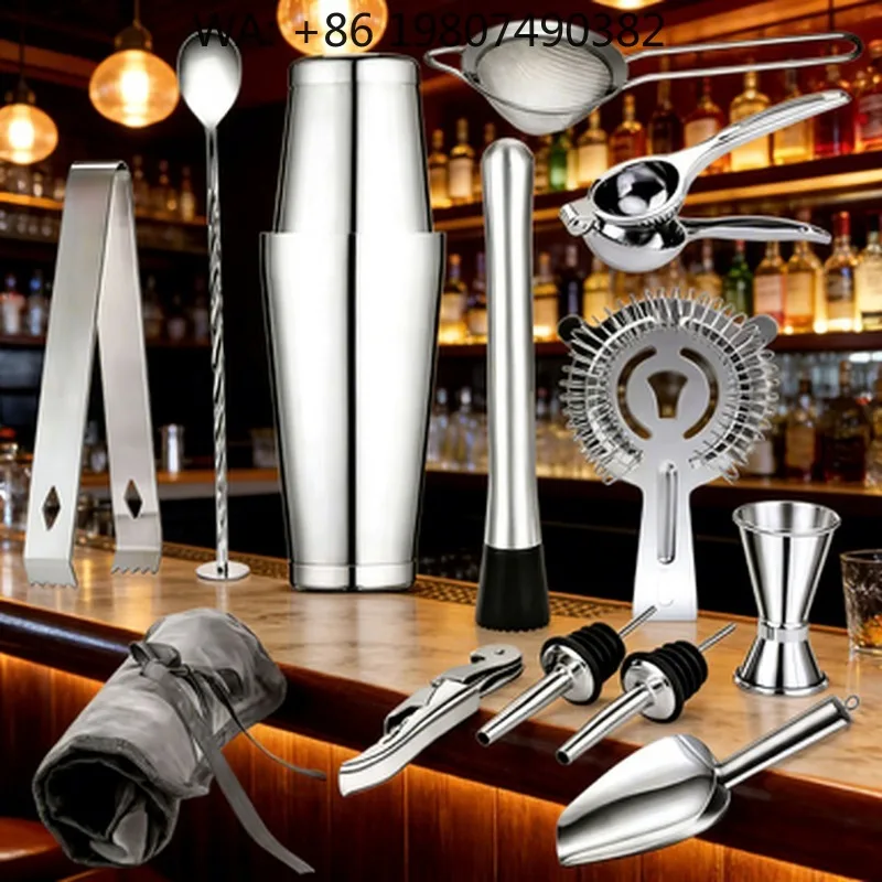 14Pcs Boston Cocktail Shaker Bar Kit 750ml Full Accessories Jigger Muddler Corkscrew Storage Bag For Outdoor Hotel Bar Party