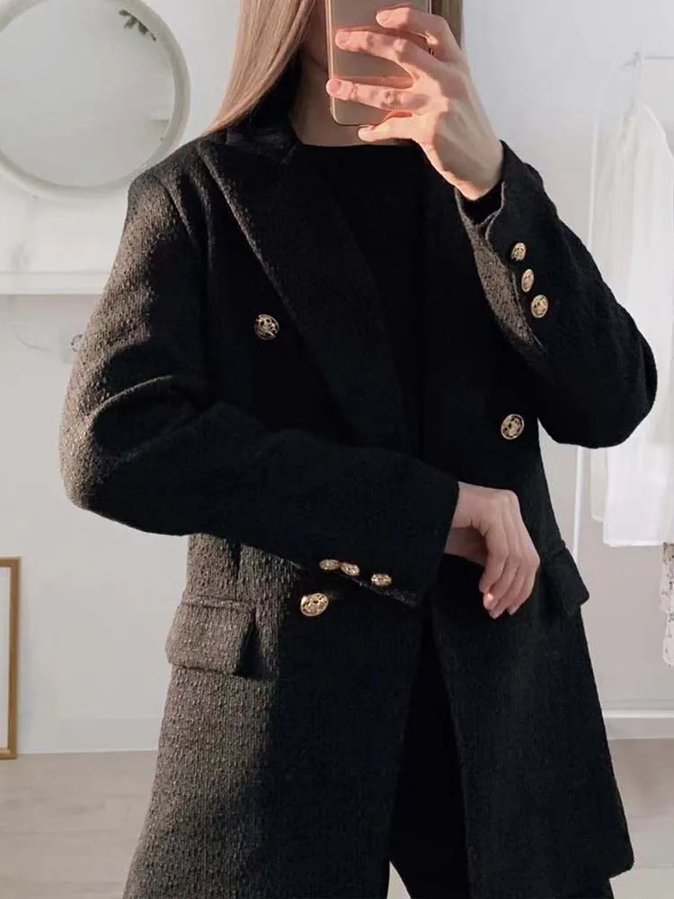Blazer Women 2024 Traf Fashion Metal Double Breasted Woollen Blazers Coat Vintage Long Sleeve Female Outerwear Chic Tops