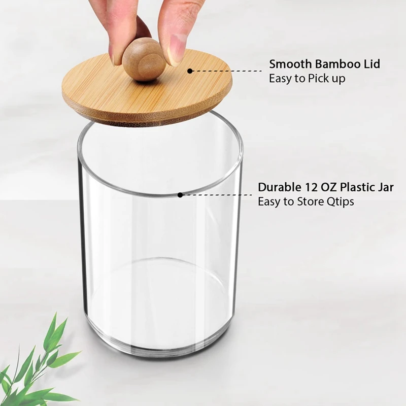 Caja de almohadillas de algodón para baño, organizador de accesorios, contenedores de almacenamiento, frascos de plástico transparente con tapas de bambú para bola de algodón, hilo dental