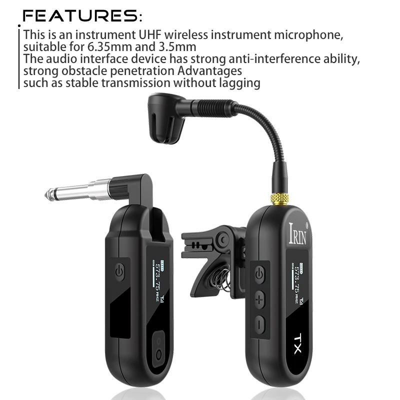 IRIN UHF Wireless Saxophone Microphone System Clip-On Instrument Mic for Sax Trumpet Brass Instrument Low Latency Live & Studio