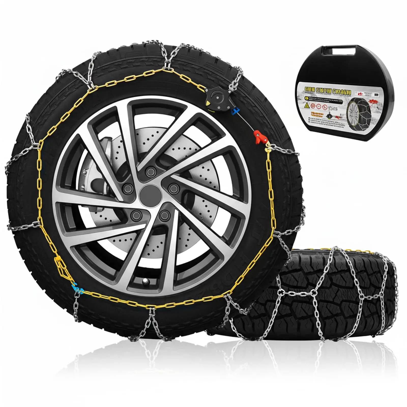 

Reusable Auto-Tightening Snow Chains For Car, SUV, Pickup – Quick 1-Minute Installation Emergency Tire Traction Set Of 2