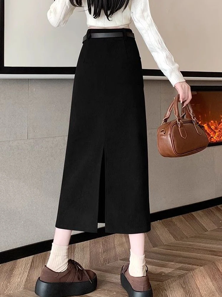 Zoki Retro Belt Red Corduroy Skirts Women High Waist Slim Sweet Midi Skirt Fall Winter Vintage Lady Elegant Slit Korean Skirts