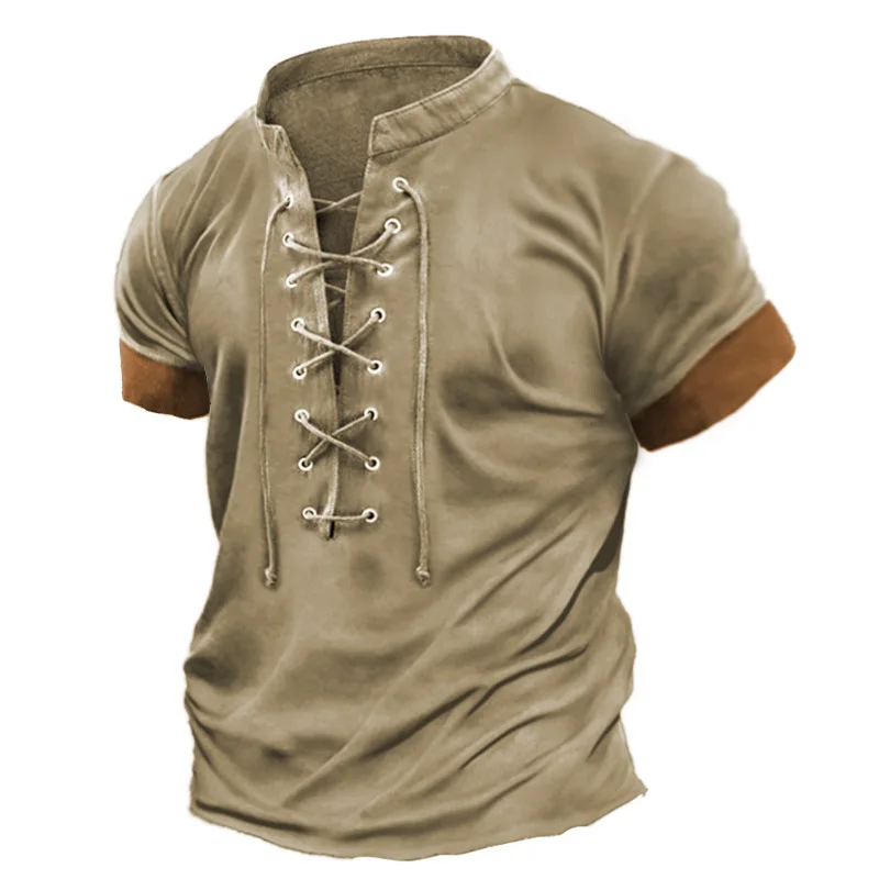 

2025 Spring and Summer Men's Retro V-neck Lace-up Casual Color Matching Short-sleeved T-shirt