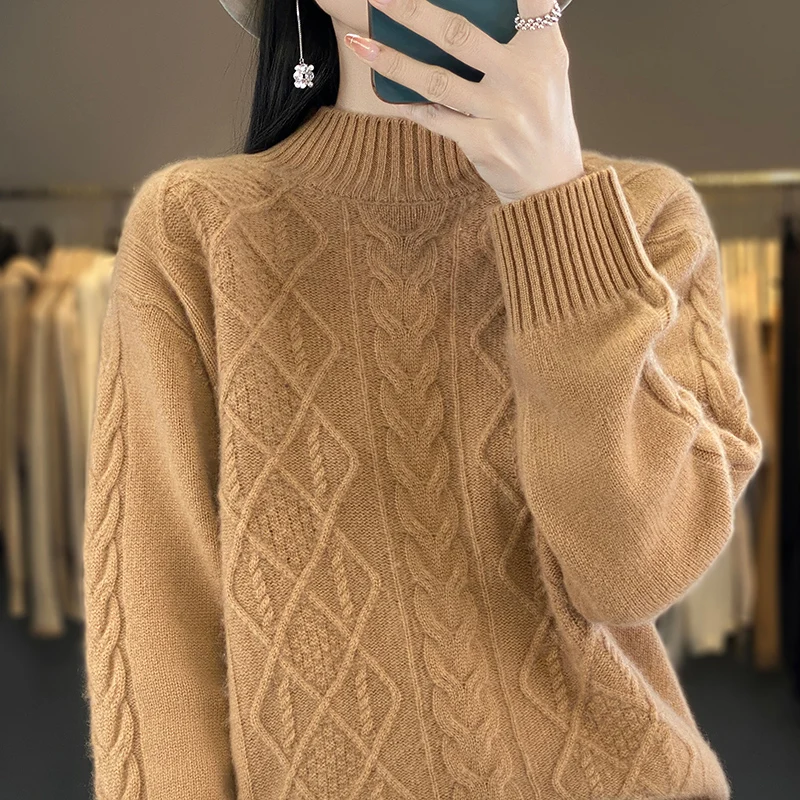 Cross print Autumn/Winter new 100% Merino wool pullover Cashmere sweater Women's half turtleneck pullover warm bottom knit shirt