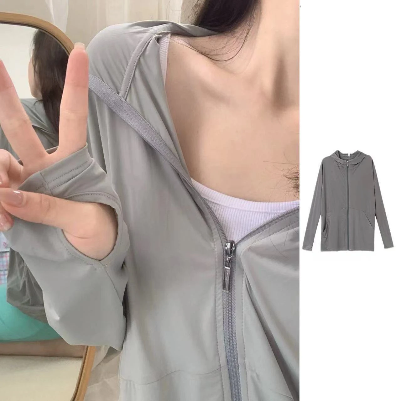 

Sunscreen Clothing Women Thin Summer Outdoor Sports Female Hat Ice Silk Sun Protection Clothing Ant UV Windbreaker With Pockets