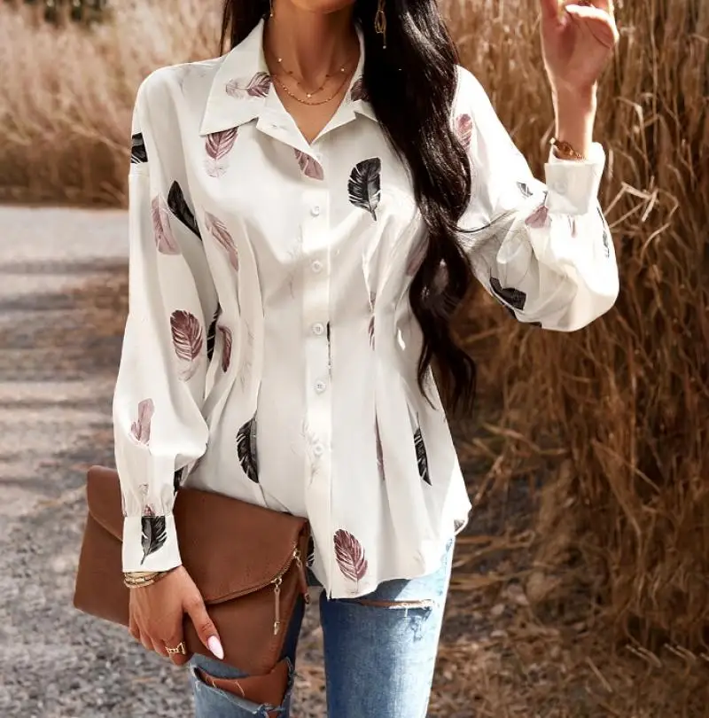 French Retro Women's Shirts Slim Fit Leaf Print Lapel Long Sleeved Ruffled Waist Shirt Autumn Women's Casual Basic Simple Shirts