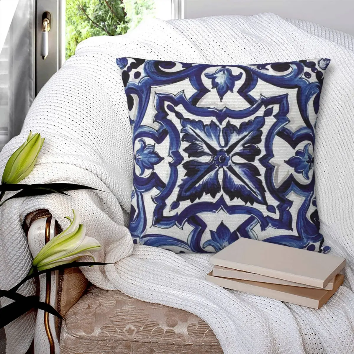 Blue Ornate Floral Mediterranean Sicilian Tile Square Pillowcase Pillow Cover Cushion Comfort Throw Pillow for Home Bedroom