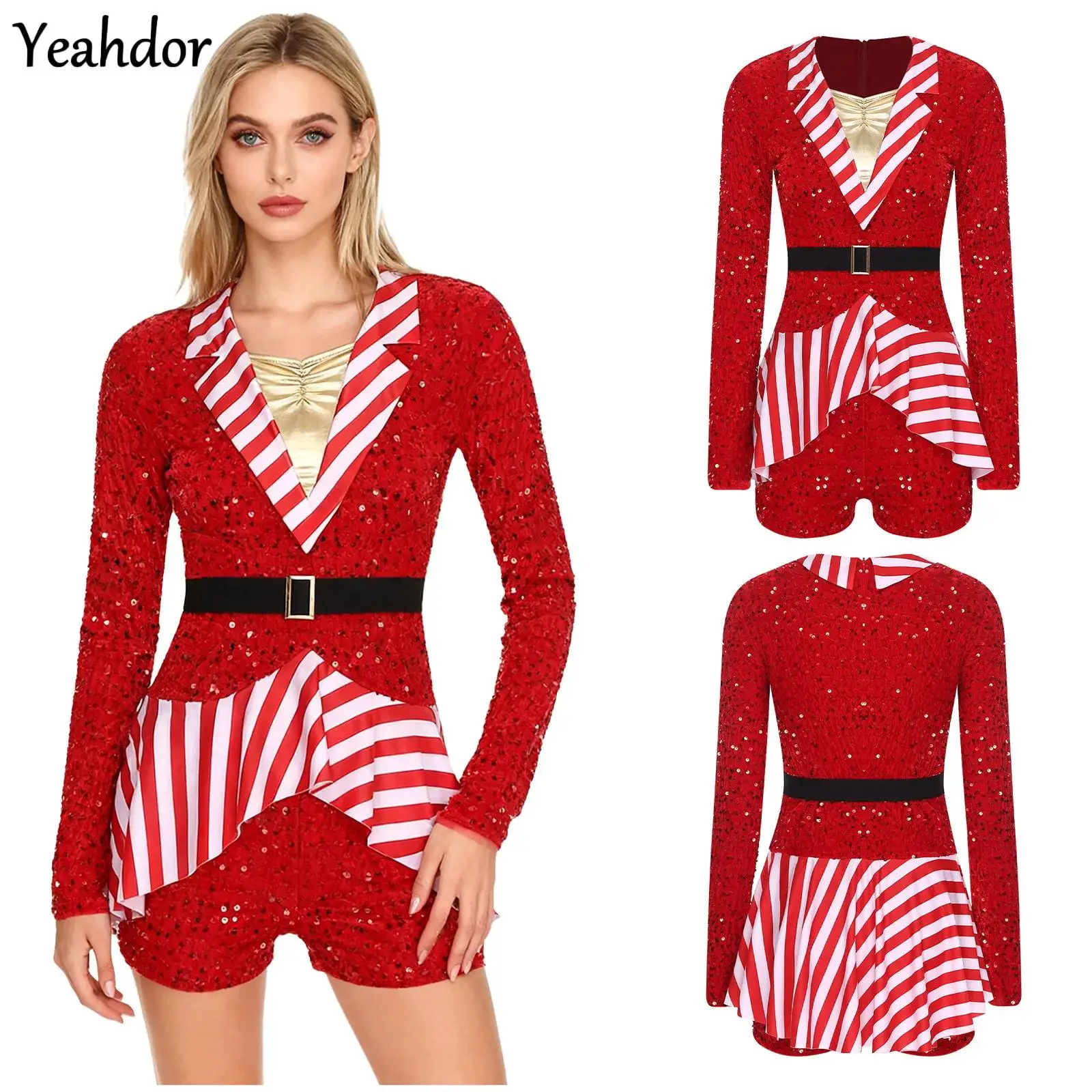 

Women Candy Cane Christmas Dance Costume Striped Sequin Ballet Shorty Unitard Jumpsuit Velvet Boyshorts Bodysuit Santa Cosplay