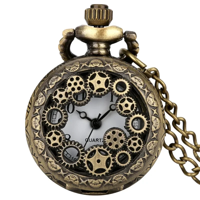 Bronze Aushöhlen Getriebe Abdeckung Männer Frauen Quarz Analog Taschenuhr Arabische Ziffer Halskette Kette Kleine Größe Zeitmesser reloj