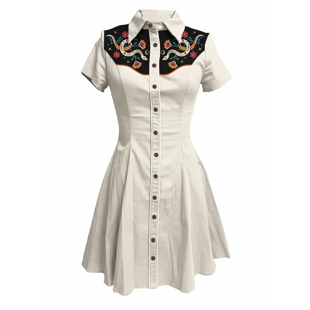 Bloemen en slangen bedrukte westerse cowboyjurk dames button-down jurk korte mouwen 100% katoenen jurk cool punk streetwear