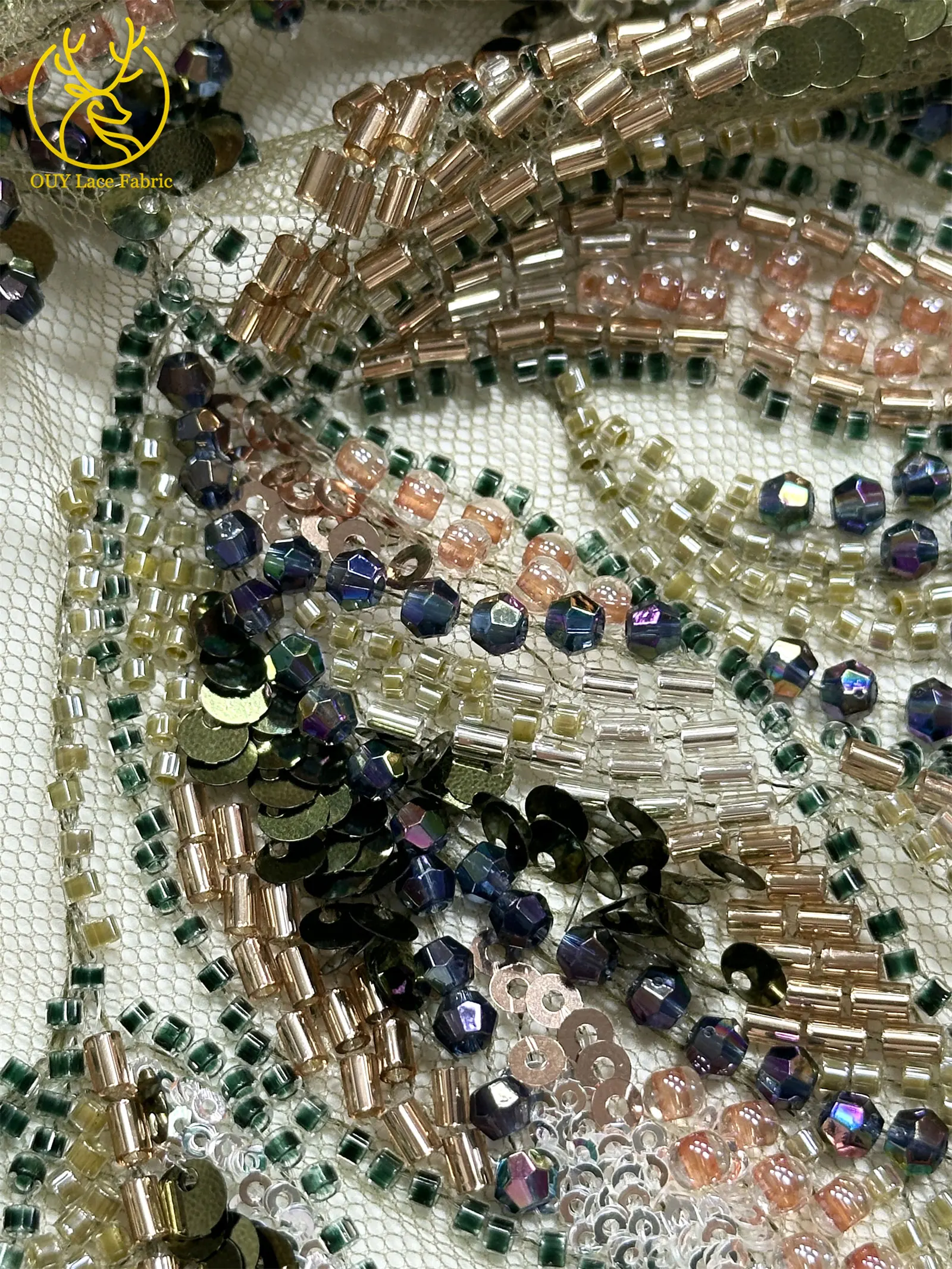Grüner luxuriöser afrikanischer schwerer Perlen-Spitzenstoff 2026 Hochwertiger nigerianischer Tüll mit Pailletten und Spitzenstoff für Kleid Haute Couture – Detail 8