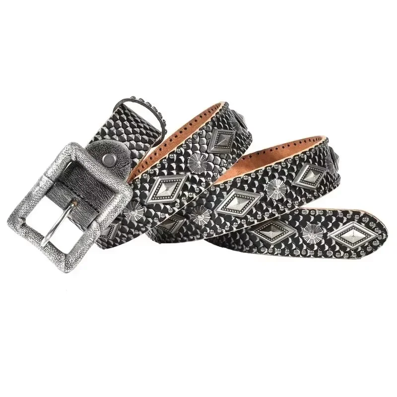 European and American Real Genuine Leather Belt Luxury Punk Style Thick Rivet Belts Men Vintage Personalized Snake Pattern Belts